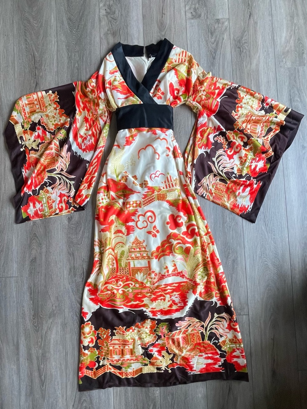 Vintage Nu-Mode Satin Maxi Dress with Wide Kimono Sleeves